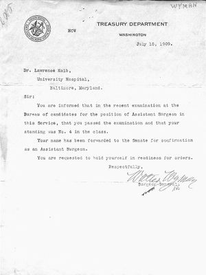 Letter from Surgeon General Walter Wyman to Lawrence Kolb