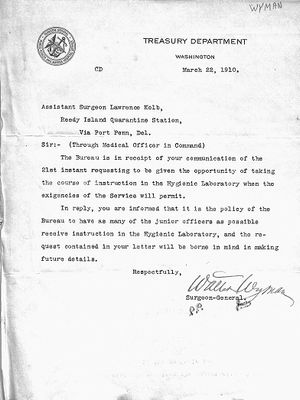 Letter from Surgeon General Walter Wyman to Lawrence Kolb